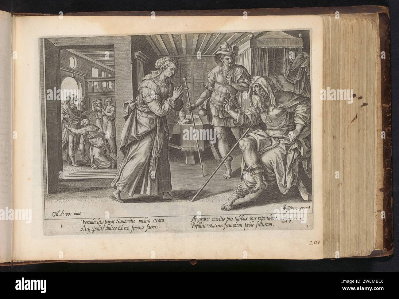 ELISA besucht die Frau aus Sunem, Hans Collaert (I), nach Maerten de Vos, 1646 Druck der Prophet Elisa ist Gast bei einem Paar in Sunem. Die Frau hat eine Abreise für Elisa und seinen Diener Chazi vorbereitet. Als Belohnung für ihre Gastfreundschaft verspricht er ihr im Vordergrund, dass sie und ihr alter Mann in einem Jahr einen Sohn haben werden. Schazi steht zwischen der Frau und Elisa. Unter der Ausstellung ist ein Hinweis auf den Bibeltext in 2 Kon in lateinischer Sprache zu sehen. 4: 8. Dieser Ausdruck ist Teil eines Albums. Papier, das die Gastfreundschaft der Shunammite-Frau graviert. Elisha verspricht der Shunammite-Frau einen Sohn im Gegenzug für ihr Krankenhaus Stockfoto