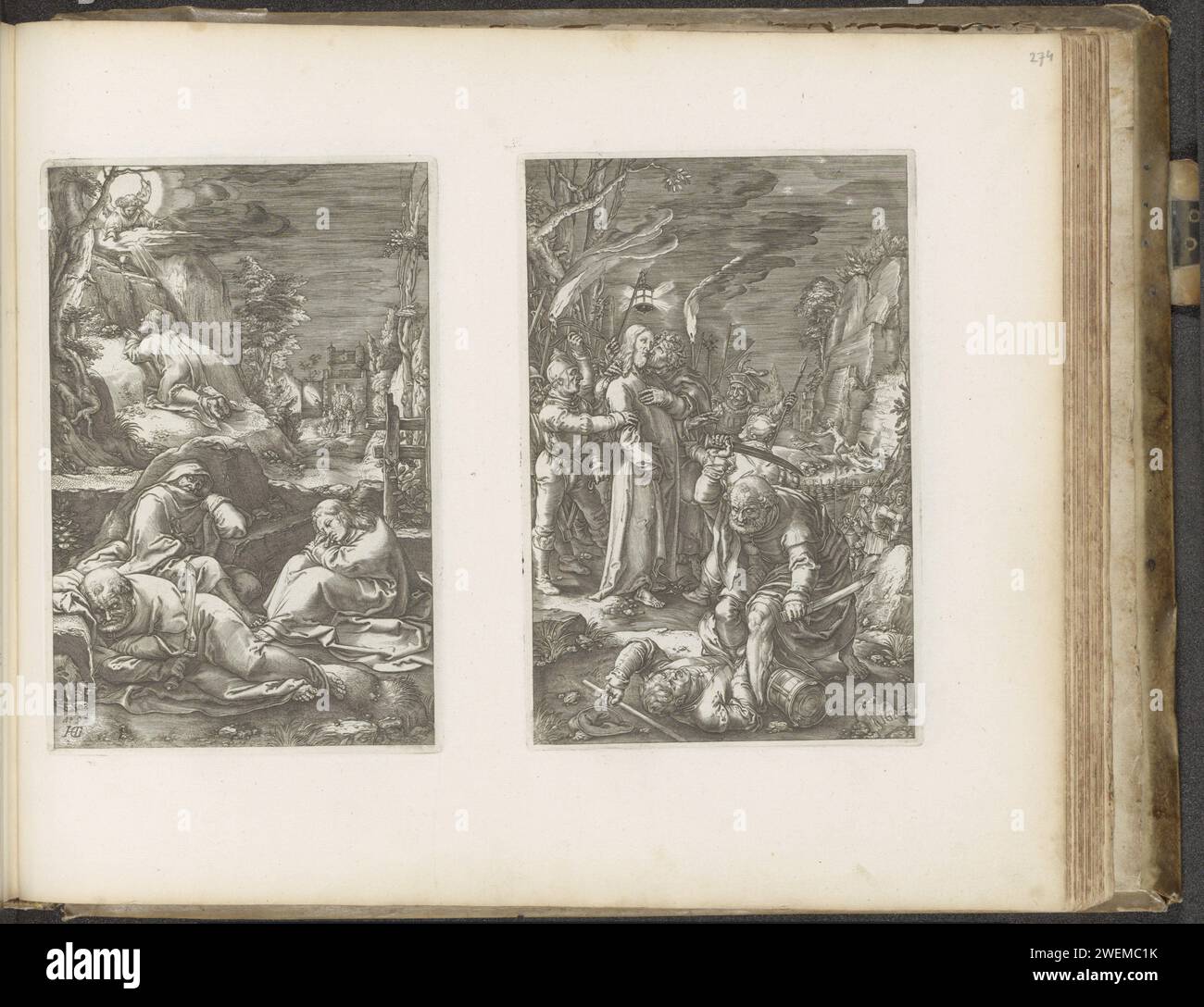 Christ in the Court of Getsemane / Collection of Christ, 1653–1654 drucken zwei Aufführungen in einem Album-Magazin. In der linken Aufführung betet Christus im Hof von Getsemane. Ein Engel erscheint ihm und zeigt ihm einen Kelch. Im Vordergrund drei schlafende Schüler. Eine Gruppe Soldaten kommt durch das Stadttor im Hintergrund an. Der Richter zeigt die Gefangennahme Christi. Judas küsst ihn auf die Wange. Peter Malchus nimmt ein Ohr in den Vordergrund. Das Magazin ist Teil eines Albums. Papierstich / Buchdruck Christi Gebet im Garten Gethsemane während der Nacht. Qual von Stockfoto Christ in the Court of Getsemane / Collection of Christ, 1653–1654 drucken zwei Aufführungen in einem Album-Magazin. In der linken Aufführung betet Christus im Hof von Getsemane. Ein Engel erscheint ihm und zeigt ihm einen Kelch. Im Vordergrund drei schlafende Schüler. Eine Gruppe Soldaten kommt durch das Stadttor im Hintergrund an. Der Richter zeigt die Gefangennahme Christi. Judas küsst ihn auf die Wange. Peter Malchus nimmt ein Ohr in den Vordergrund. Das Magazin ist Teil eines Albums. Papierstich / Buchdruck Christi Gebet im Garten Gethsemane während der Nacht. Qual von Stockfoto
