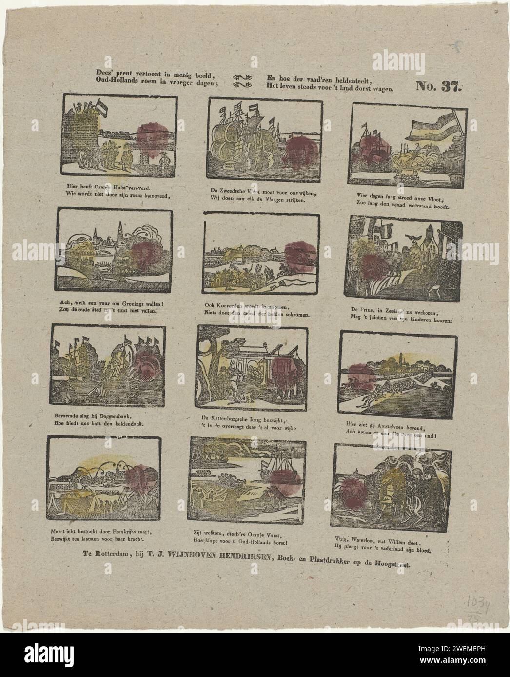 Deez 'Print zeigt in vielen Bildern, / alte niederländische Berühmtheit in den vergangenen Tagen; / und wie die heroische Kultivierung, / Leben immer für das Land Dorst Car, 1832 - 1850 Print Leaf mit 12 Aufführungen historischer Szenen, einschließlich der Belagerung von Coevorden und der Schlacht von Doggersbank. Unter jeder Aufführung eine zwei-Wege-Strophe. Rechts oben nummeriert: Nr. 37. Druckverlauf für Papier-Buchdruck. Kampf. Schlacht (+ Marinestreitkräfte) Coevorden. Groningen. Neuseeland. Amstelveen. Waterloo. Doggersbank Stockfoto