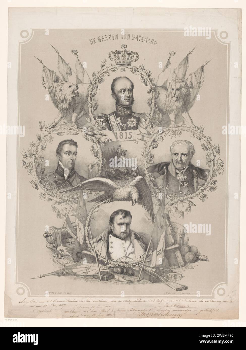 Porträts von König Willem II., dem Herzog von Wellington, Marschall von Blücher und Napoleon Bonaparte., Anonym, nach Anthony Cornelis Cramer, 1865 Druck in der Mitte, zwischen den Porträts, das Schlachtfeld von Waterloo mit dem Herzog von Wellington in der Mitte auf dem Pferd. Papiergeschichtliche Personen (+ (voll-)Brustporträt). Kampf gegen Waterloo Stockfoto