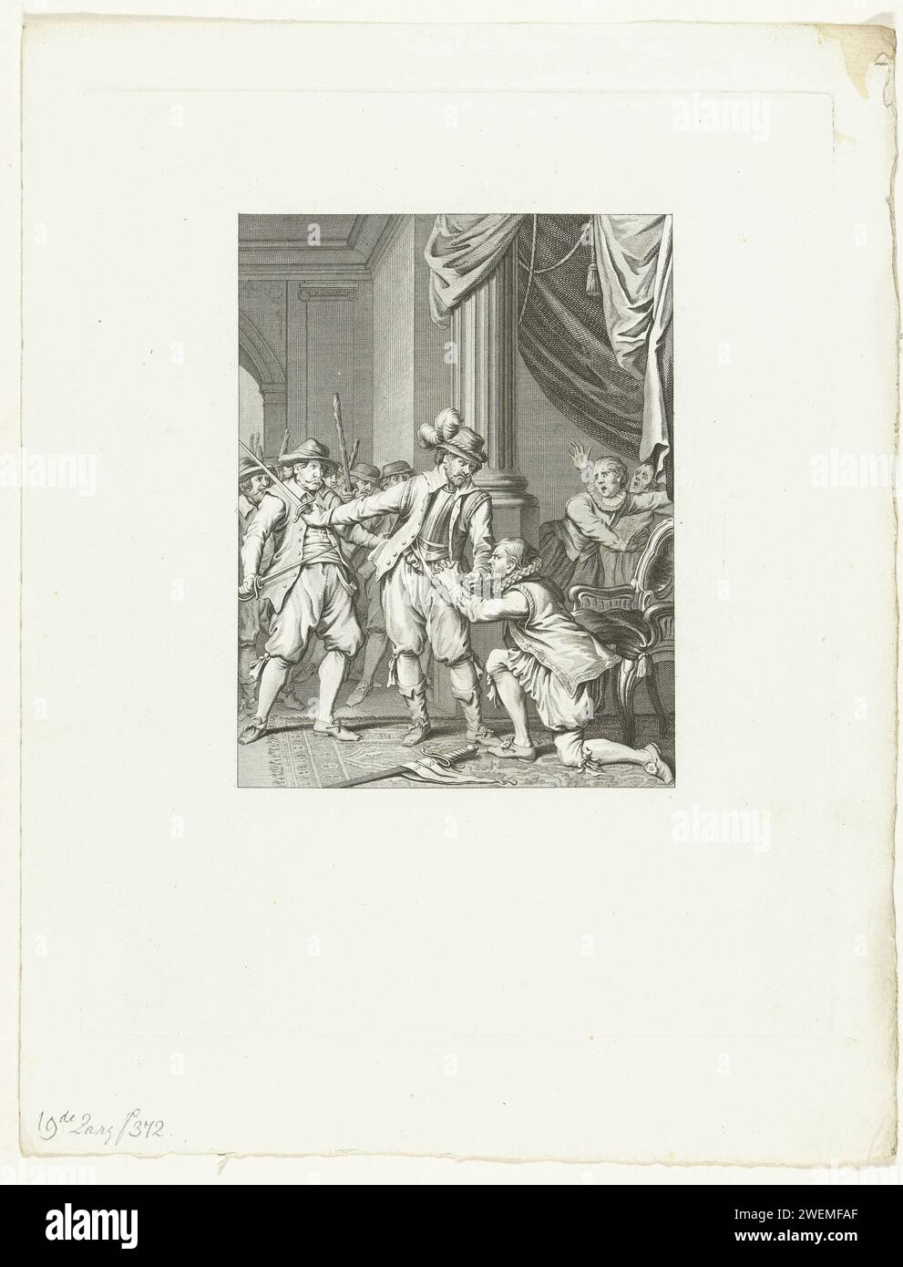 Bürgermeister Aerschot geschützt durch Ryhove, 1577, 1785 Druck Aerschot, Bürgermeister von Gent, geschützt durch Francois van Ryhove gegen die rebellischen Bewohner, 1577. Neunzehnter Gesang. Papierätzung Gent Stockfoto