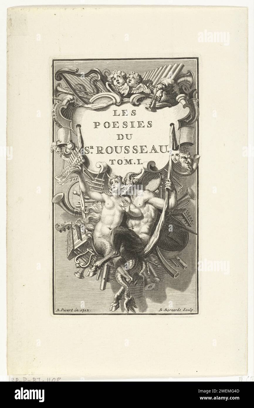 TITELPAGINA VOOR: J.-B. Rousseau, Les étres Chosen, Deel 1, Balthasar Bernards, nach Bernard Picart, 1712 - 1737 Druck Titelvignette mit Sater und Meerjungfrau und verschiedenen Musikinstrumenten. Papiergravur Spirit of Water, Nix, undine. Satyr(s) (im Allgemeinen). Musikinstrumente; Gruppe von Musikinstrumenten. Merman Stockfoto