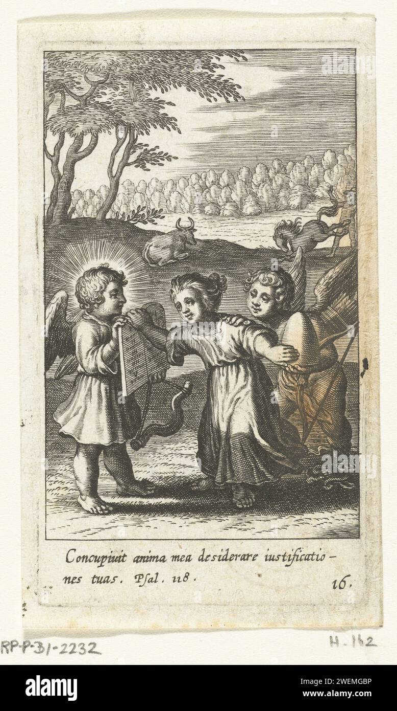 Kind zwischen zwei Engeln mit Gesetzpflanzen, Boetai Adamsz. Bolswert, 1624 Druckpapier, das die zehn Gebote auf Steintafeln graviert Stockfoto