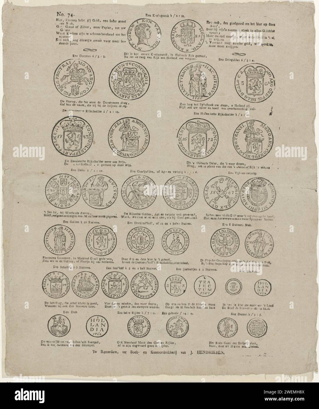 Münzen, 1781 - 1828 gedrucktes Blatt mit 36 Vorder- und Rückseite von Münzen. Eine Seite oder Beschriftung mit jeder Münze. Oben links nummeriert: Nr. 74. Papier Buchdruckmünze Stockfoto