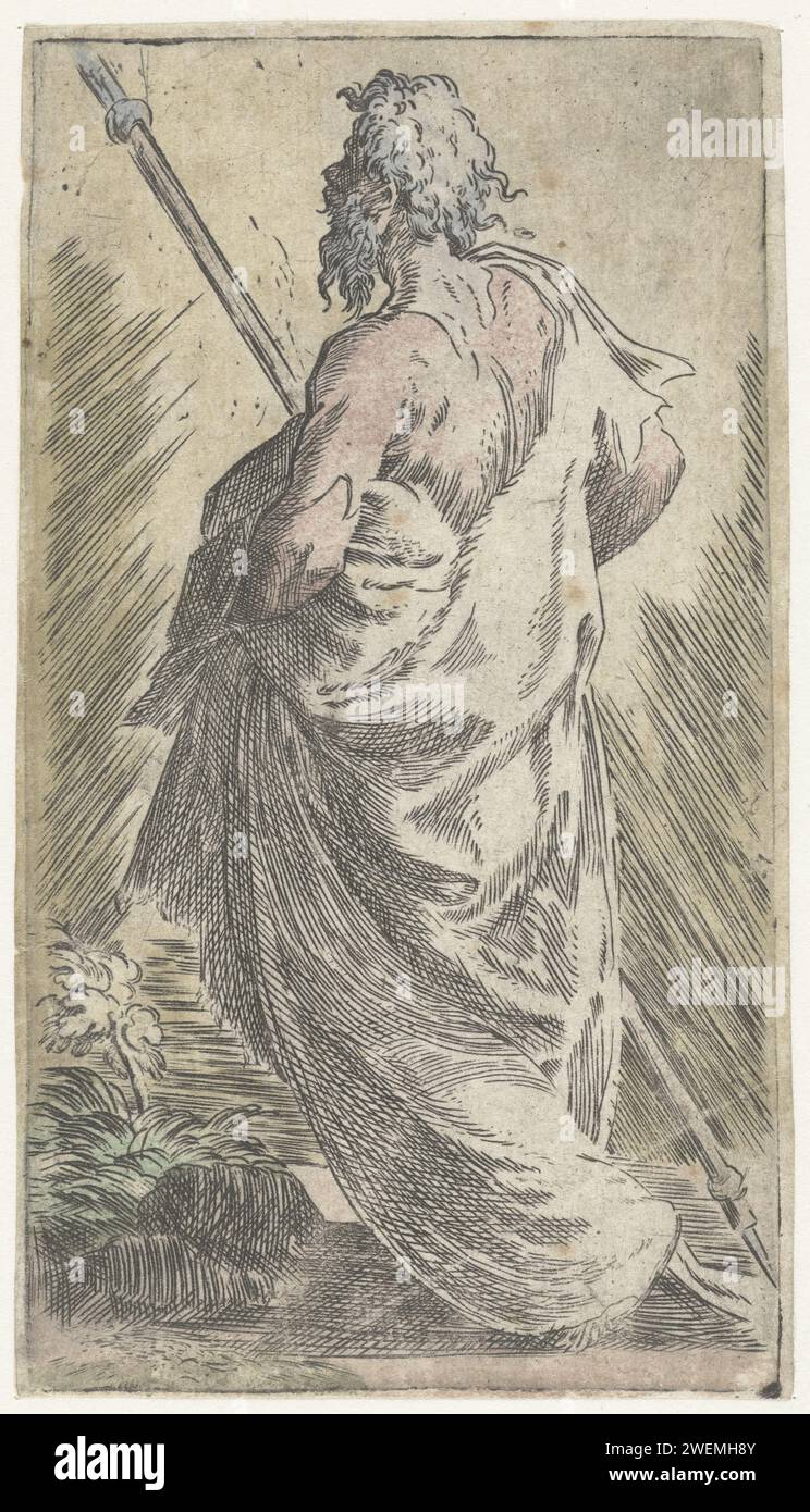 Apostel Jakobus de Merere, Parmigianino, 1524–1540 Druck der Apostel Jakobus sah den Oberen auf der Rückseite. Papierätzung / Gravur / Trockenspitze der Apostel Jakob der große; mögliche Attribute: Buch, Pilgermantel, Hut, Muschel, Stab, Brieftasche, Rolle, Schwert Stockfoto