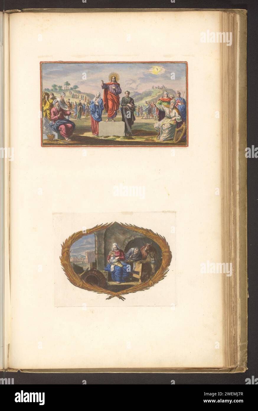 Blatt mit Illustration und Vignette, Dirk Janszoon van Santen, 1700 Blatt mit zwei Drucken. Oben: Christus steht auf einem Sockel. Er macht eine segnende Geste. Joseph und Maria links und rechts. Links die drei Patriarchen Abraham, Isaak und Jakob. Rechts die Könige von Israel, vor König David. Im Hintergrund links Adam und Eva im Paradies und rechts die Himmelfahrt Christi. Unten: Vignette zwischen Palmzweigen mit der Geburt Christi. Blatt im zweiten Teil der Prent Bibel mit dem Neuen Testament, herausgegeben von Pieter Mortier, Amsterdam 1700. Papier. De Stockfoto