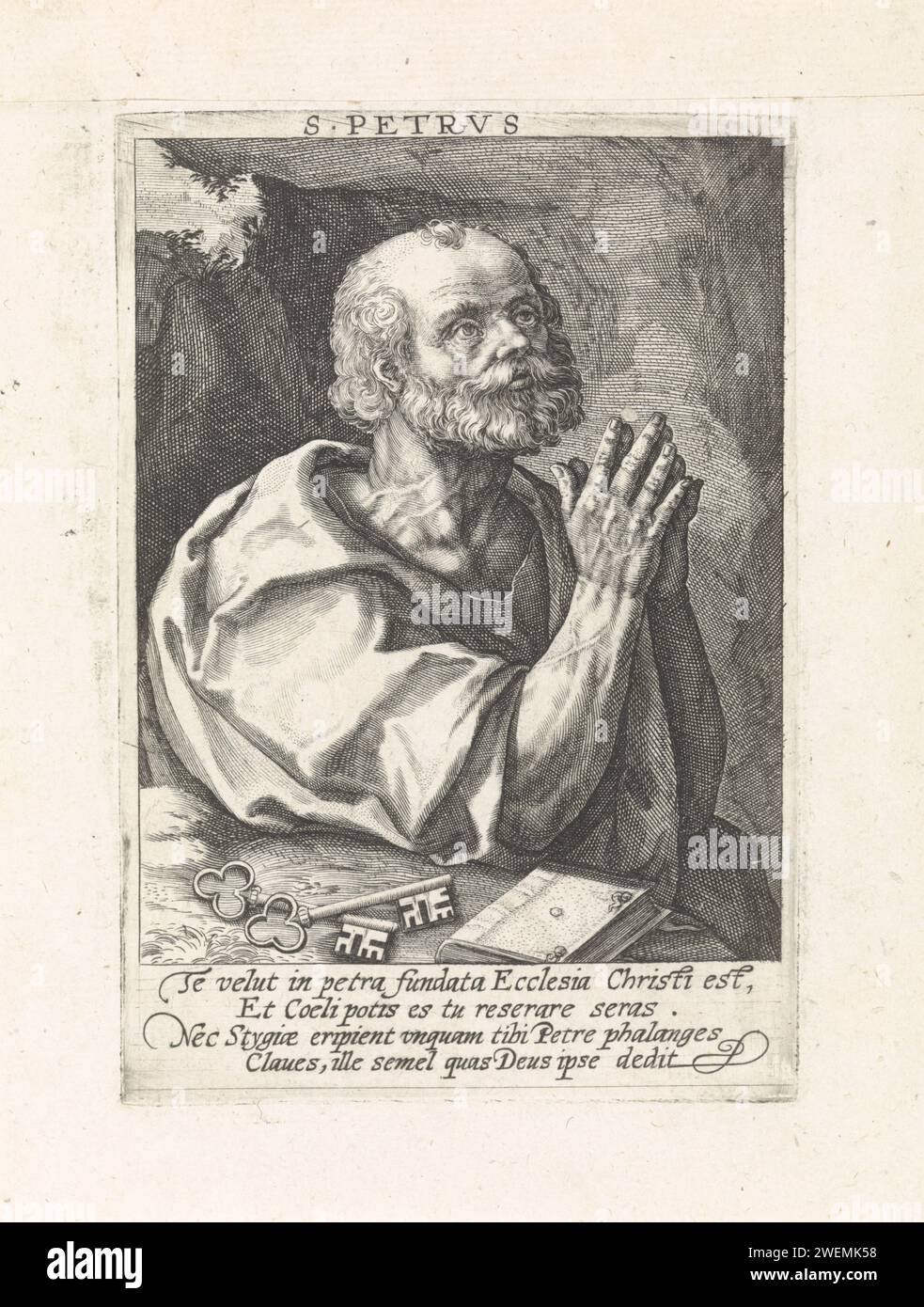 Apostel Petrus, Crispijn van de Passe (I), 1574–1637 drucken den Apostel Petrus im Gebet. Für ihn ist sein Attribut der Schlüssel. Am Rand eine vierzeilige Unterschrift in lateinischer Sprache. Anhänger eines Abdrucks des Apostels Paulus. Papierstich des Apostels Paulus von Tarsus; mögliche Attribute: Buch, Schriftrolle, Schwert Stockfoto