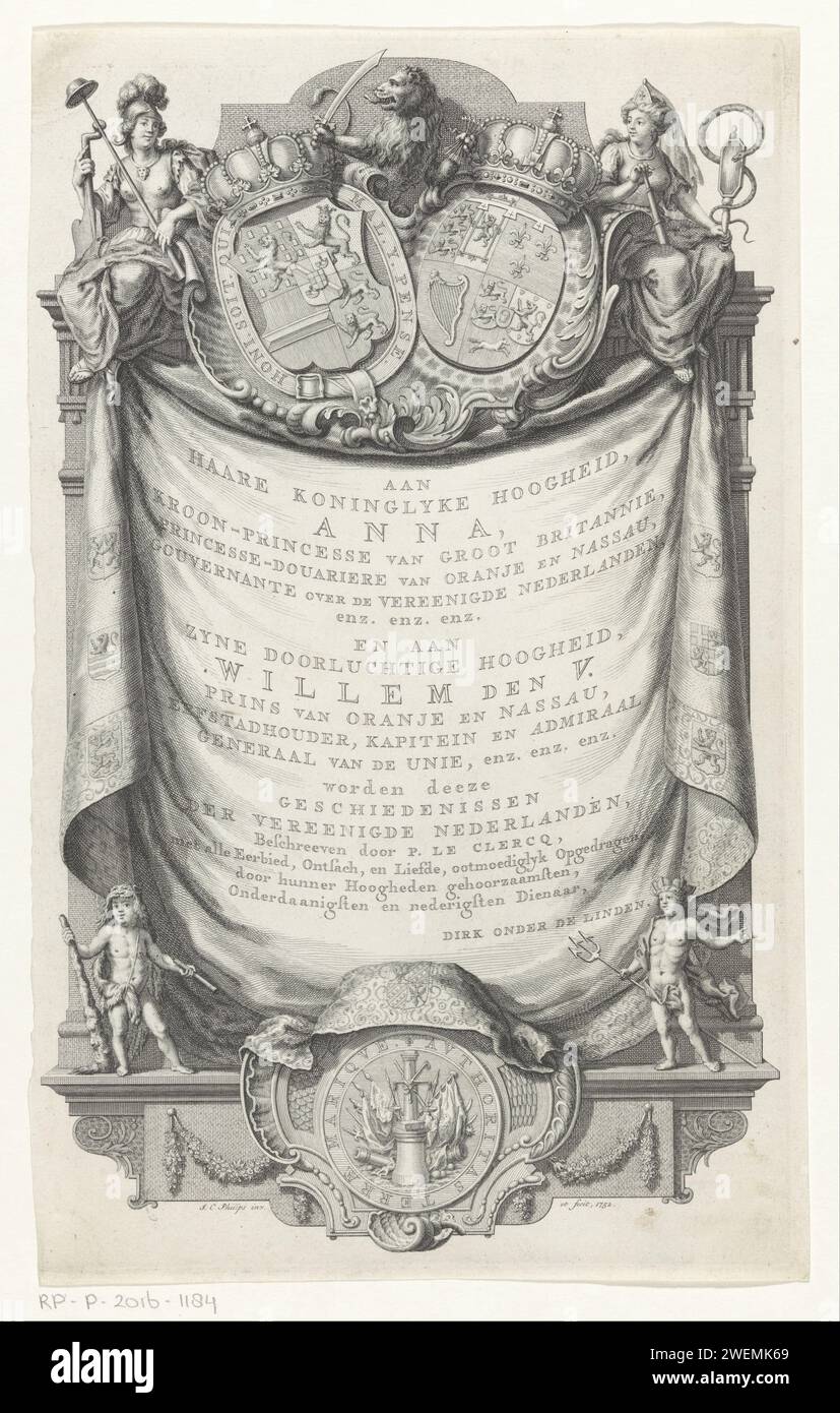 Auftrag mit Wappen von Anna van Hannover und Willem V, Jan Caspar Philips, 1753 Druck Zierrahmen mit Leinwand, auf der die Aufgabe in Niederländisch ist. Der Rahmen wurde mit den Wappen von Anna van Hannover, Prinzessin von Oranje-Nassau, ihrem Sohn Willem V., Prinz von Oranje-Nassau und dem niederländischen Löwen ausgezeichnet. Zu den Ecken der Freiheit (libertas) und Vorsicht (Prudentia). Am Fuße von Herkules und Neptun als Kinder. Papiergravur Wappenlager, Heraldik. Symbole bestimmter Nationen, staaten, Bezirke usw. Prudenza (Ripa)  einer der vier Kardinäle Stockfoto