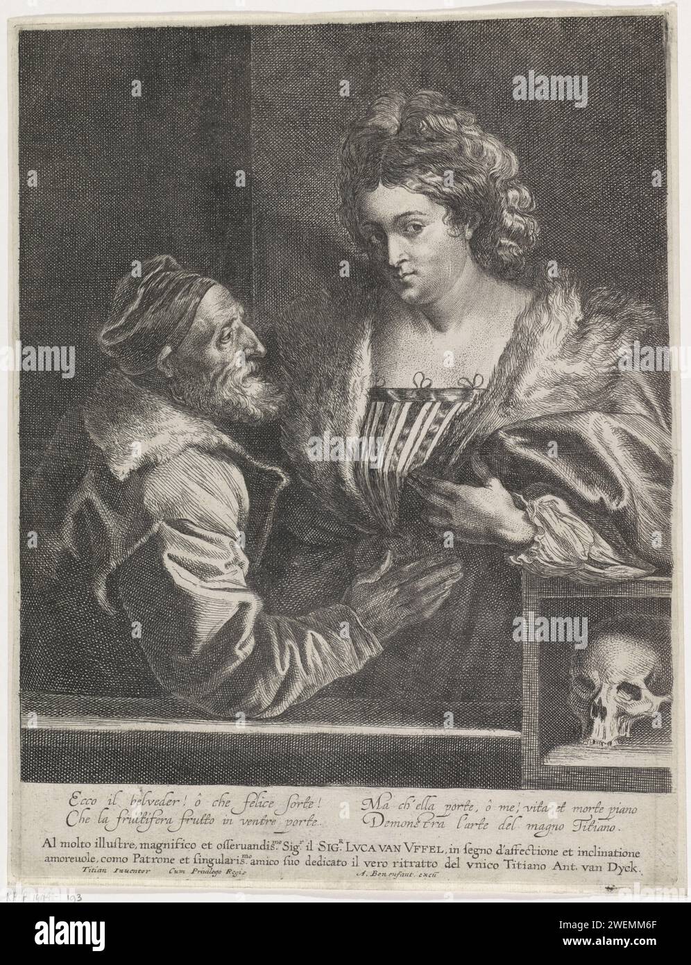 Titian und sein Maitrese, Lucas Vorsterman (I), nach Anthony Van Dyck, nach Titian, 1630–1644 drucken Titian als alten Mann, mit seiner Geliebten. Er legt ihr eine Hand auf den Bauch. Unten rechts ein Schädel. Papierätzung / Gravur Schädel als Symbol für 'Vanitas'. Alter Mann. Jugendliche, junge Frau, Jungfrau. Ungleiches Paar, ungleiches Paar Stockfoto