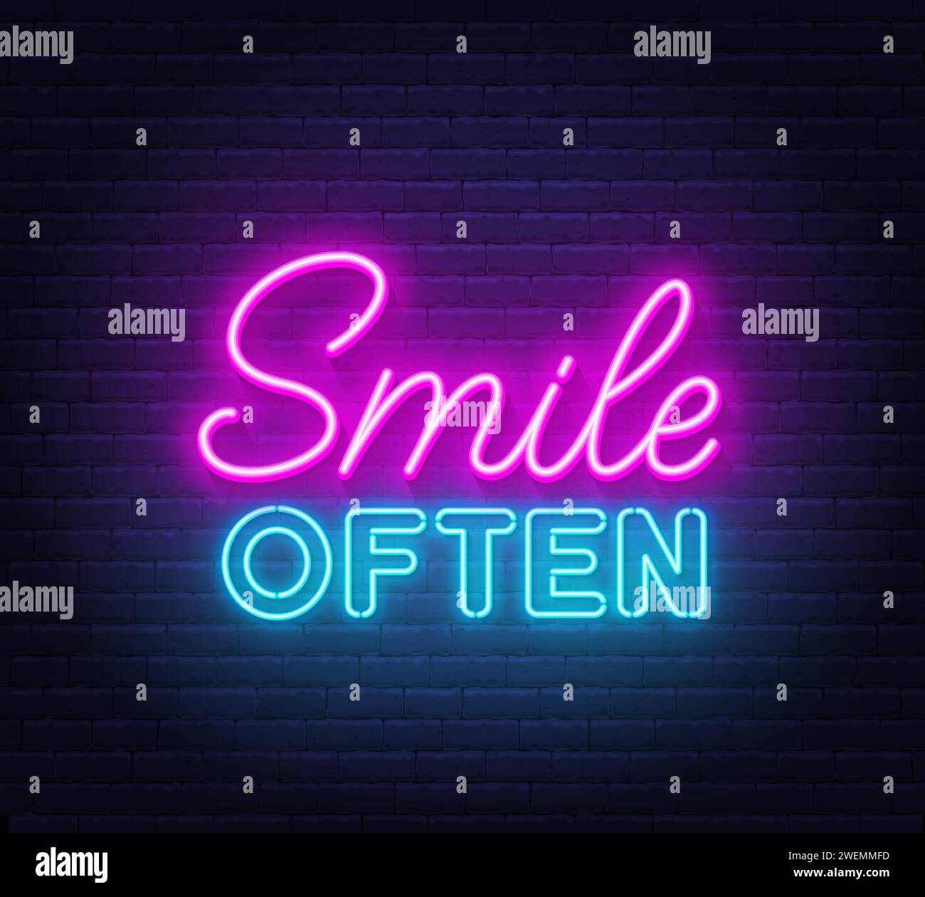 Lächeln Sie oft Neonbeschriftungen auf Backsteinmauern Stock Vektor