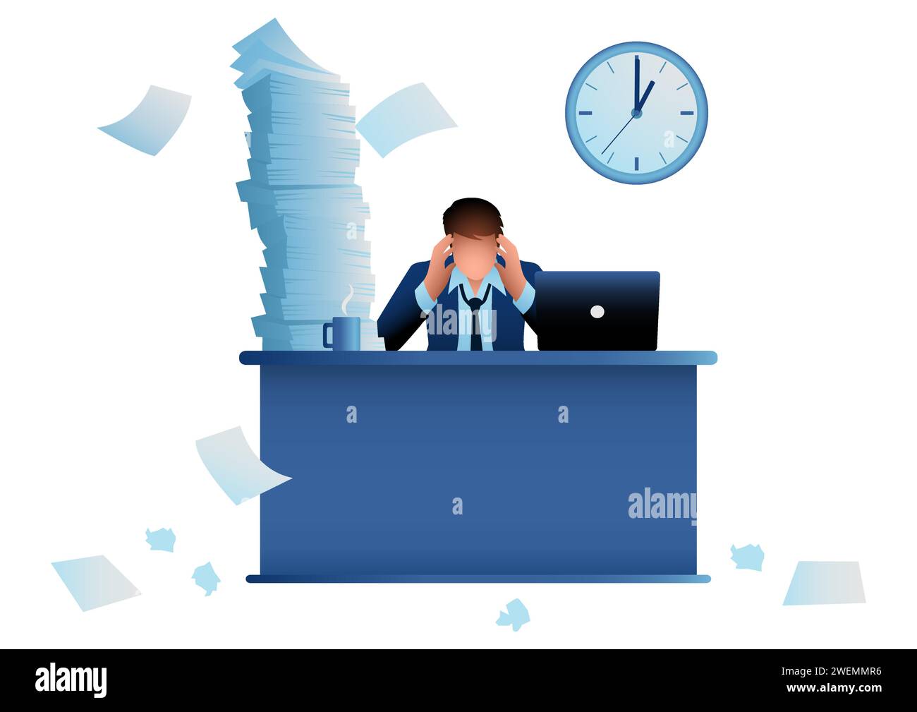 Vektor-Illustration eines stressigen Geschäftsmannes, der am Schreibtisch sitzt und Überstunden mit überlasteter Arbeit arbeitet Stock Vektor