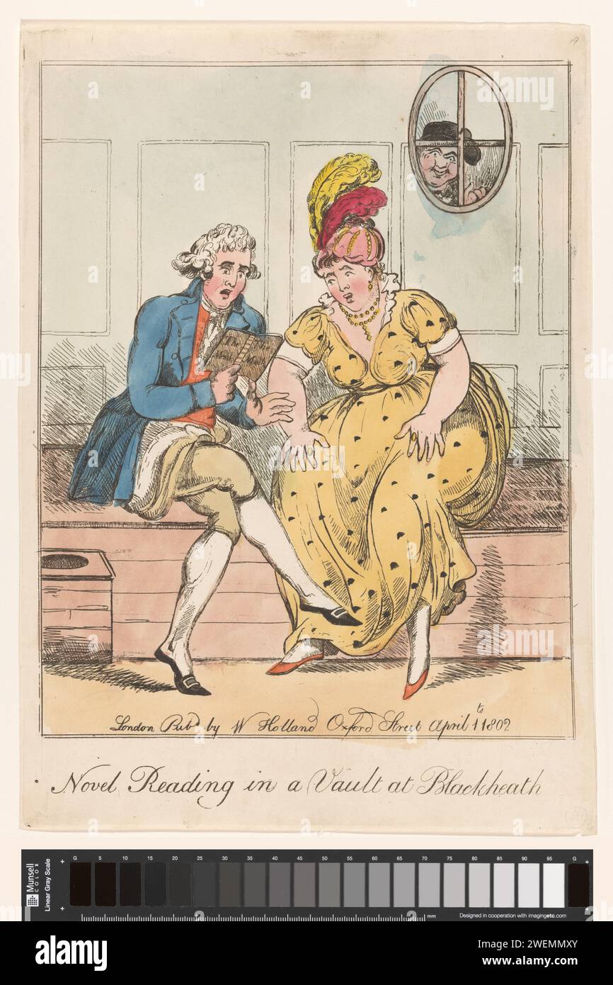 Mann liest eine Frau in einer Toilette, 1802 Abdruck auf einer Toilette ein Mann liest eine Frau den "Gothic Roman" der Mönch, geschrieben von Matthew Lewis. Ein Mann schaut durch ein Fenster. Papier, das jemandem vorliest. Toilette, Wasserschrank. Politische Karikaturen und Satiren Stockfoto
