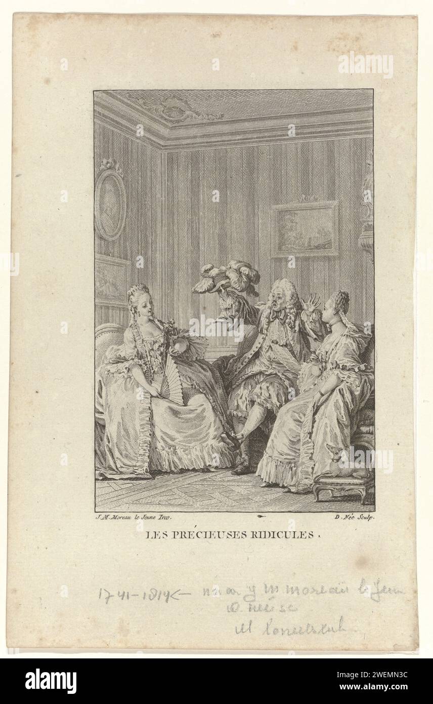 The Precious lädiculous., 1749 - 1817 Szene aus dem Theaterstück „Les Précieziees lächerlich“ von Molière. Sitzender Mann, flankiert von zwei sitzenden Frauen in einem Innenraum. Die Frauen trugen Kleider aus dem 18. Jahrhundert mit EngageEntes, devant-de-Gorge (Bruststück) und Rock mit einem empfohlenen Streifen. Die Frau rechts trägt noch einen kleinen Schultermantel mit Kapuze. Der Mann trägt ein Kostüm aus dem späten 17. Jahrhundert, bestehend aus einem Justaucorps, Jabot, Strik, Kamizool, Hemd, weite Kniestrümpfe und Strümpfe. Accessoires: Hut mit Federn, Schuhe mit Fersen und Schleifen. Papiergravurmode Stockfoto