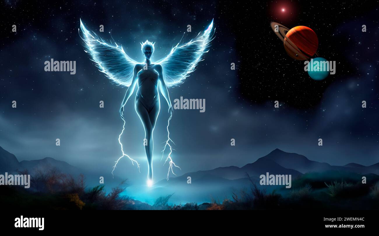 Elektrischer Engel auf einem fremden Planeten in einer weit entfernten Galaxie. Stockfoto