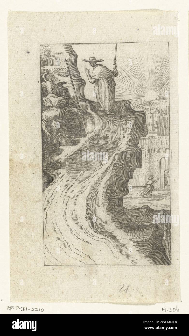 Willemynken fällt Van Rots und Duyfken folgt einem guten Weg nach Jerusalem, Boëtius Adamsz. Bolswert, 1590 - 1627 Druck der Begleittext im Andachtsbroschüre erklärt das Ereignis: Duyfken vertraut mit Hilfe von Engeln und Heiligen auf Gott. Sie ist auf dem richtigen Weg zum himmlischen Jerusalem. Willemynken aber vertraut auf sich selbst, ist hochmütig und beginnt selbstständig den Felsen zu klettern. Als Ergebnis stürzt sie und endet in der Hölle. Papiergravur für Pilger. Das Leben des Menschen. Der Gläubige Stockfoto