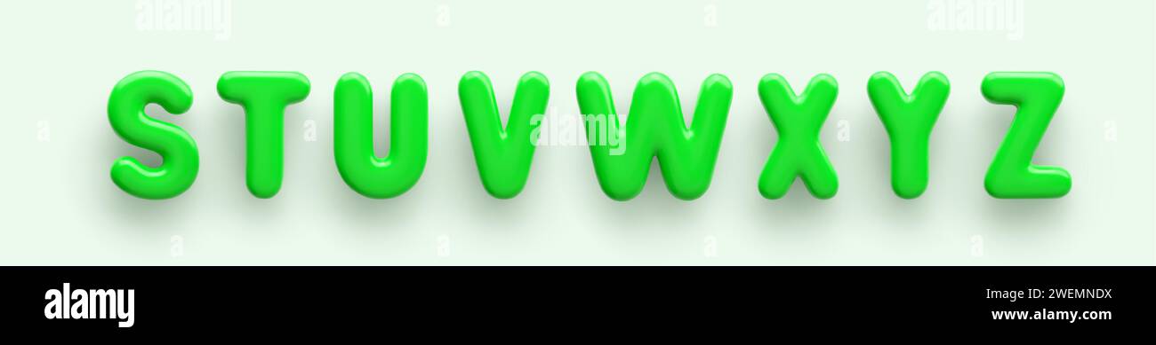 Grüne 3D-Großbuchstaben S, T, U, V, W, x, Y und Z mit glänzender Oberfläche auf hellem Hintergrund. Stock Vektor