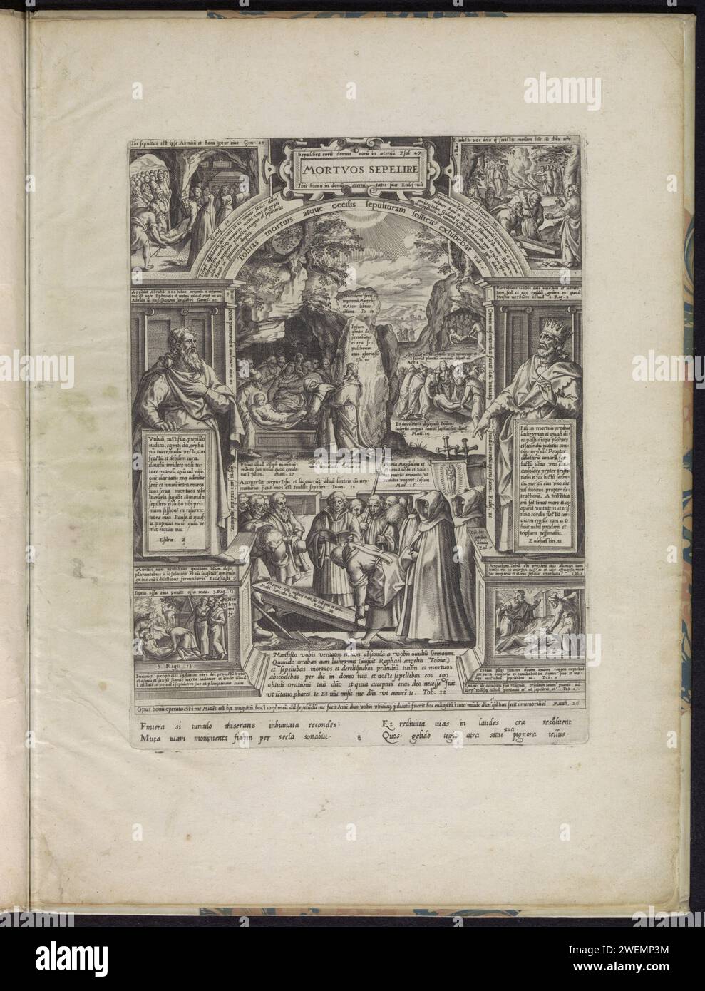 Begraben von den Toten, 1577 gedruckt begraben die Toten als eines der sieben Werke der Gnade. Eine Beerdigung in der Mitte. Im Hintergrund das Begräbnis Christi. Um Darbietungen von Bibelgeschichten, die mit der Beerdigung der Toten zu tun haben. Oben links die Beerdigung von Joseph, oben rechts der Beerdigung von Saul, unten rechts Tobit, der den Mord tötet, und unten links die Beerdigung des Godman aus Juda. Links der Prophet Esra und rechts König Salomo. In der Performance wurden verschiedene lateinische Bibeltexte aufgeführt. Unter der Show eine vierzeilige Strophe in lateinischer Sprache. Dieser Ausdruck ist Teil eines Albums. Papierengr Stockfoto