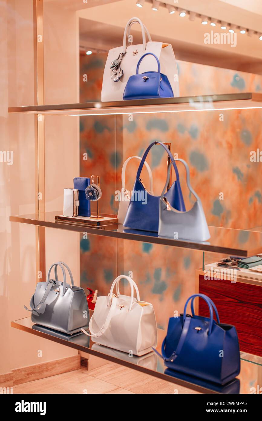 Damen-Handtaschen aus weißem, blauem Leder mit goldenem Verschluss. Modische Details und Accessoires Stockfoto