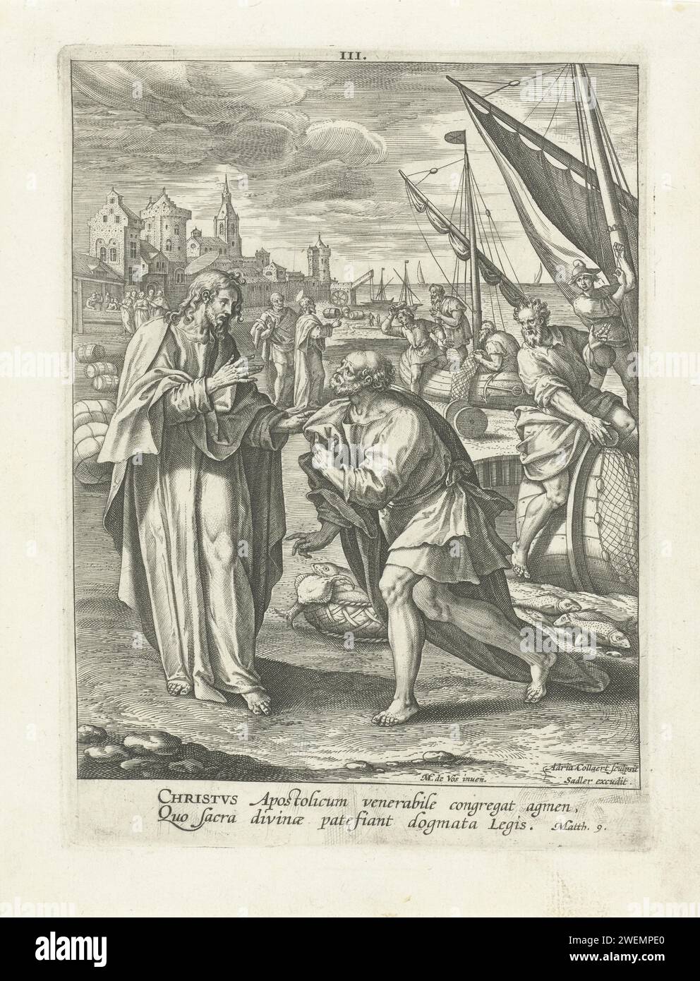 Ruf von Petrus, Adriaen Collaert, nach Maerten de Vos, 1583–1588 Druck Peter arbeitet im Hafen als Fischer zusammen mit seinem Bruder. Er wird von Christus genannt (Marcus 1,16–18). Im Hintergrund der Ruf von Jacobus und Johannes. Der Druck hat eine lateinische Unterschrift. Der Druck ist Teil einer Serie über das Leben Christi. Papierstich rufe von Peter und Andreas; sie werden von ihrem Fischerboot weggerufen (Matthäus 4,18-20; Markus 1,16-18). Berufung von Jakobus und Johannes, den Söhnen Zebedees (Matthäus 4,21-22; Markus 1,19-20; Lukas 5,10-11) Stockfoto