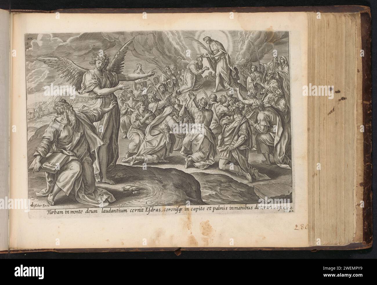 Erste Vision von Esra: Der Sohn Gottes krönt die Menge, Anonym, Maerten de Vos, 1646 Druck Esra steht im Vordergrund rechts und wird von einem Engel für eine Vision dargestellt. Esra sieht den Sohn Gottes auf dem Berg Sion, der das Volk Krähe und seine Palmzweige verleiht. Unter der Aufführung ist ein lateinischer Verweis auf den apokryphen Bibeltext in 4 Ezra 2:42. Dieser Ausdruck ist Teil eines Albums. Papier mit anderen Szenen aus Ezra und Esdras Stockfoto
