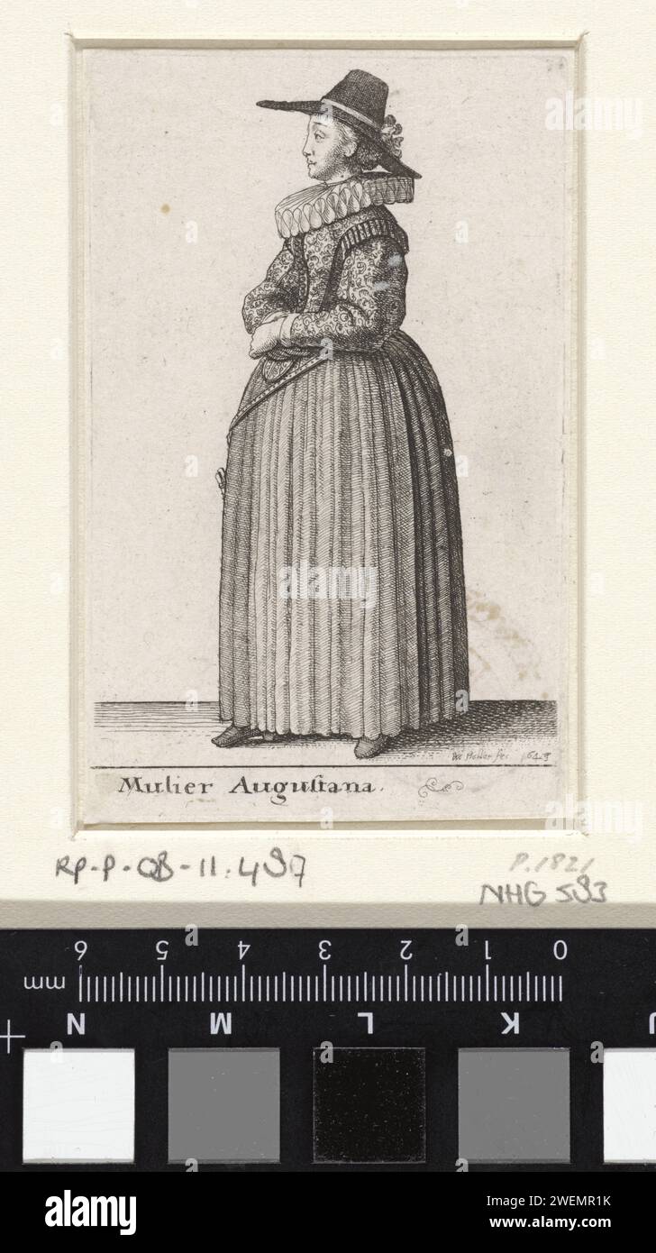 Mulier Augustana, Wenzel Hollar, 1644 Frau aus Augsburg, im Profil nach links, mit Hut mit konischer hoher Kugel und breiter Kante mit Hutband und Rosette. Breite Doppelfalte. Corny Body mit Bragons und breiten Ärmeln. Der Rock war rundum zerknittert. Abhängiger Riemen. Nackenbekleidung aus Papier zum Ätzen  Kleidung (mit NAME) (+ Damenbekleidung). Kleidung für den oberen Teil des Körpers (mit NAME) (+ Damenkleidung). Rock (+ Damenkleidung). Kopfbedeckung: Hut (+ Damenbekleidung). Gürtel, Gürtel, Bund (+ Damenbekleidung). Europäer: Deutsche Augsburg Stockfoto