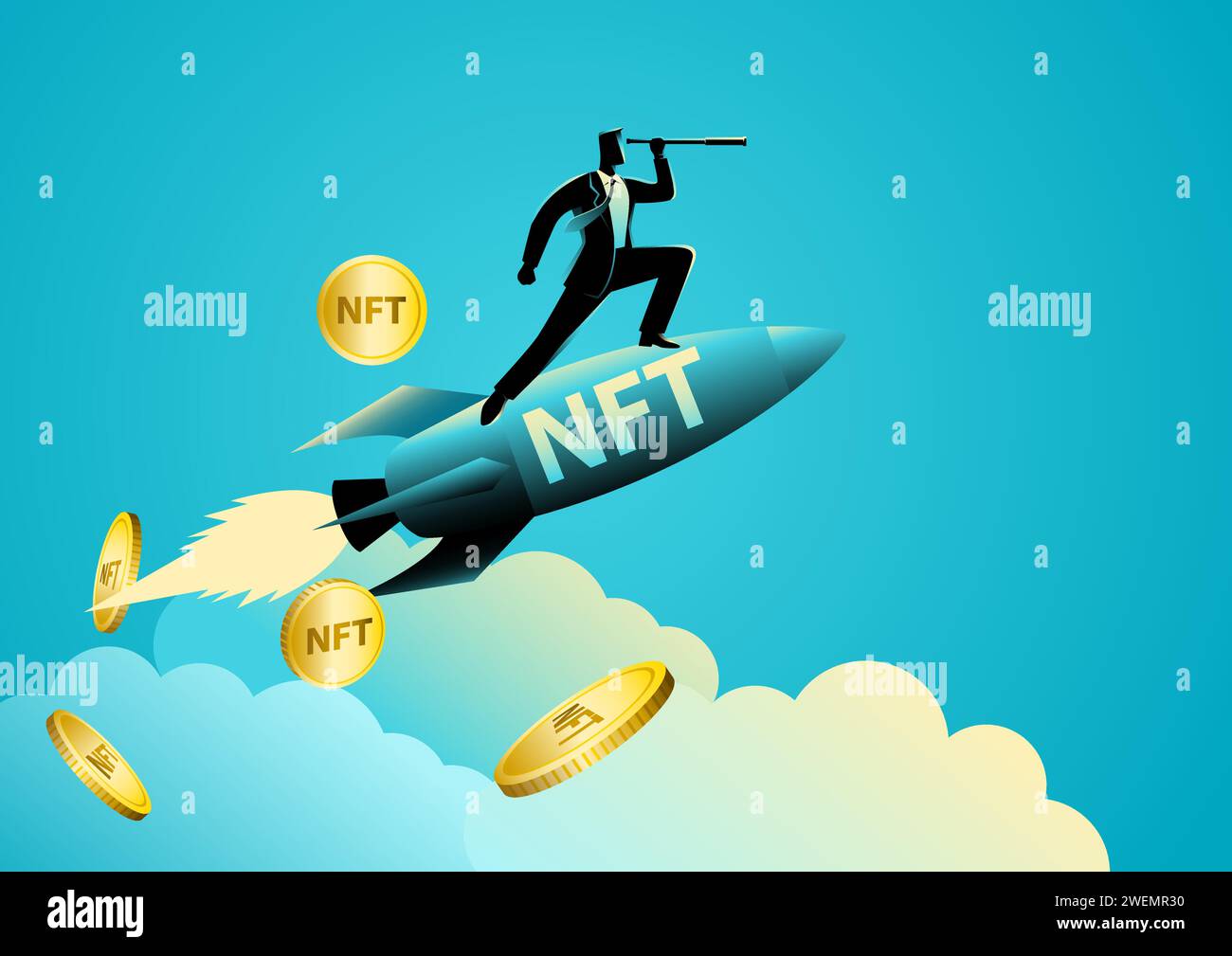Vektorillustration eines Geschäftsmannes auf einer NFT-Rakete mit Teleskop, Start- und Prognosekonzept Stock Vektor