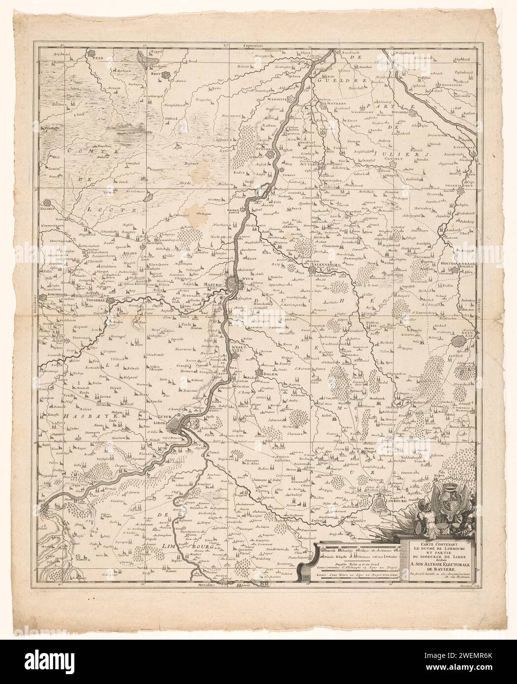 Karte des Herzogtums Limburg und Teil der Diözese Lüttich, Jacobus Harrewijn, 1686 - 1727 drucken Karte des Herzogtums Limburg und Teil der Diözese Lüttich. Unten rechts die Titelkartusche, oben die Waffe des bayerischen Kurfürsten. Links von einer Kartusche mit Legende und zwei Schuppenstiften: 1 1/2 Duytsche Mylen 15 in einer Graed / 2 Stunden Gaens. Die Karte ist mit einem Koordinatennetz und einer Gradverteilung entlang der Kanten ausgestattet. Papiergravur/Ätzen von Karten von verschiedenen Ländern oder Regionen. Wappenlager, Heraldik Limburg. Fürstbistum Lüttich Stockfoto