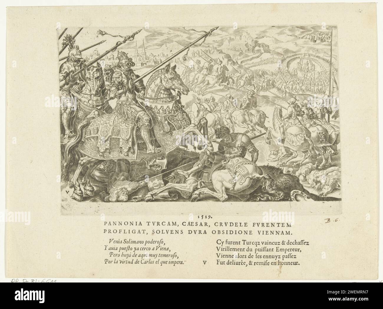 Relief von Wien, 1529, nein 5, 1556 gedrucktes Relief von Wien. Die Armeen von Karel V. zwingen die Türken unter Sultan Süleyman I. den Großen, die Belagerung Wiens 1529 aufzugeben. Ritter mit Gipfeln auf dem Pferd. Lateinische Unterschriften in zwei Zeilen, vier Zeilen Spanisch und vier Zeilen Französisch. Papiergravur / Ätzung / Buchdruck Kampf, Kampf im Allgemeinen Wien Stockfoto