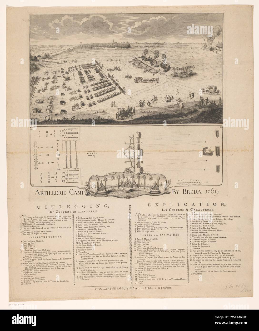 Campingplatz der Staatsarmee bei Breda, 1769, Anonym, 1769 Print Ansicht des Artillerielagers der Staatsarmee außerhalb von Breda, wo die Armee im Juni 1769 Übungen abhielt. Oben auf einer Darstellung der Schießübungen, unten eine Karte des Trainingsbereichs mit Schießplatz und Armeelager, mit einer Schüssel unten rechts: Echelle die 200 Pass Eine 2 Pässe 1/2/Größe von 200 Pässen von 2 1/2 Fuß. In der Mitte eine Kartusche mit den Zelten des Prinzen. Auf der Zeitschrift unter dem Teller Legenden in Niederländisch und Französisch. Papiergravur/Gravur/Buchdruckmanöver  Militärzug Stockfoto