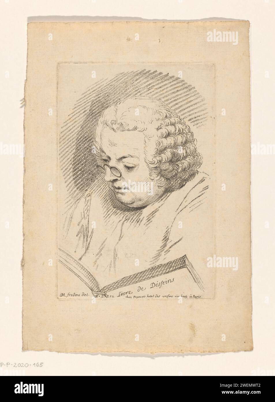 Portret van de Verzamelaar Jacques André Portail, Jean Charles Francois, nach Jean Martial Frédou, 1750–1769 Druck Porträtbüste des Sammlers Jacques André Portail mit Brille, die in ein Album mit Zeichnungen ('Livre de Deseins'') schaut. Papierhistorische Personen. Kunstsammler. Zeichnung, Skizze Stockfoto