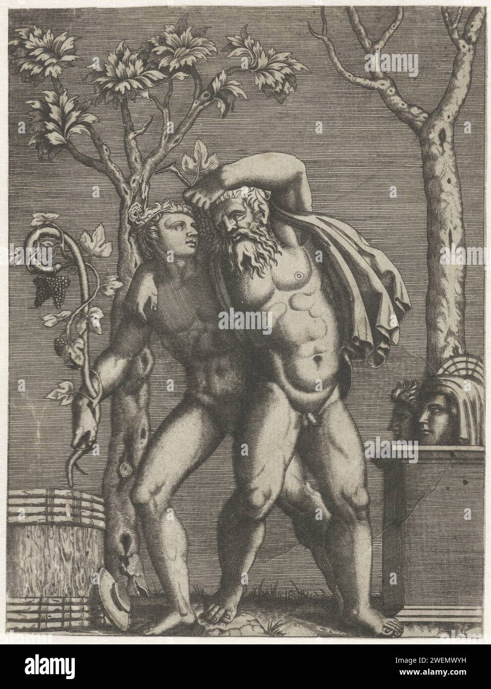 Silenus unterstützt von einem jungen Bacchant, Anonym, nach Marcantonio Raimondi, nach Rafaël, nach Giulio Romano, 1520–1575 Printgetrunkener Silenus wird von einem Bacchant unterstützt. Beide halten Trauben. Links daneben befindet sich ein Weinfass, an das sich eine umgedrehte Trinkschale lehnt. Papiergravur männlicher Bacchant (es). (Geschichte von) Silenus Stockfoto