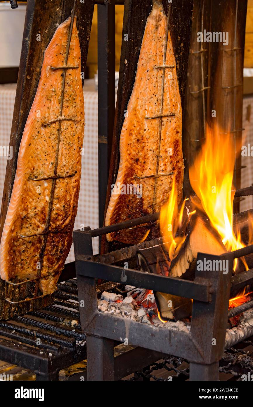 Gegrillter Lachs in einer Feuerschüssel, Lachsfilets über offener Flamme gegrillt, Fisch gekocht, Spezialitäten aus Finnland, Leumulohi, Snackbar, Markt Stockfoto