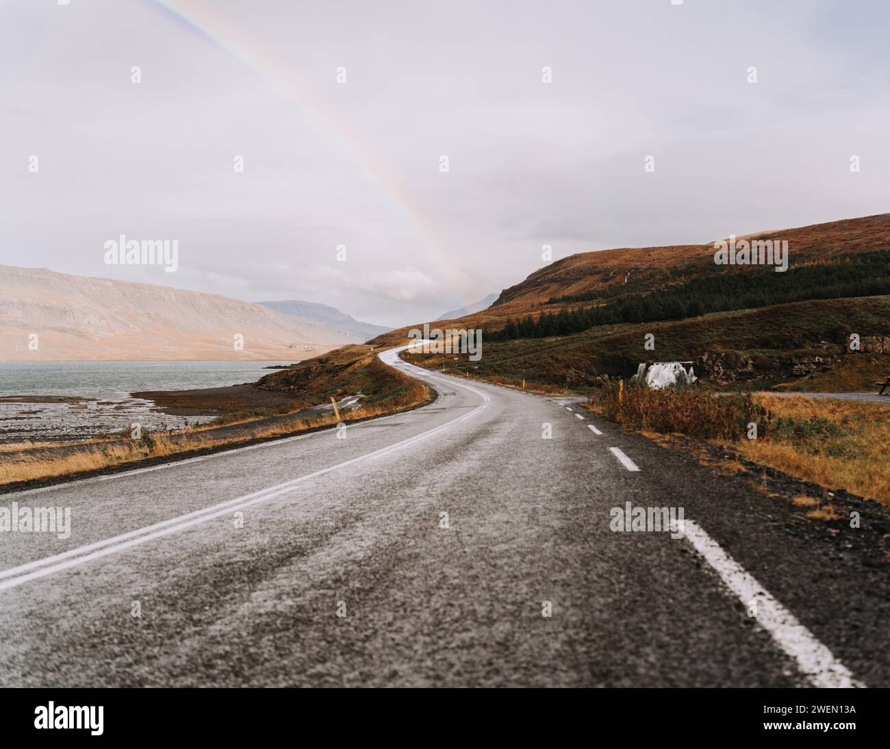 Ruhige Reise: Majestätische Straße in isländischer Natur Stockfoto