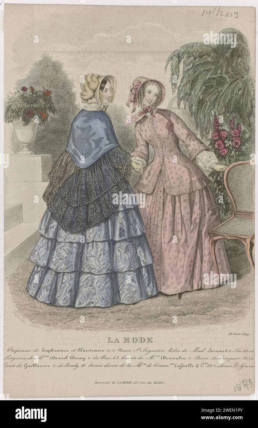 Mode, 15. August 1849: Hüte von Euphrosin (...), 1849 zwei Frauen, von denen eine auf den Rücken sah, in einem Garten. Nach der Bildunterschrift: Hüte von Euphrosin und Hautcoeur. Soinard Kleider. Unten einige Zeilen mit Werbetexten für verschiedene Produkte. Druck aus dem Modemagazin La Mode (1829-1855). Papiergravur von Modetafeln. Kleid, Kleid (+ Damenkleidung). Kopfbedeckung (+ Damenkleidung). Handschuhe, Fäustlinge usw. (+ Damenkleidung). Ärmel (+ Damenkleidung). Mantel (+ Damenkleidung). Nackenbekleidung  Kleidung (+ Damenbekleidung) Stockfoto