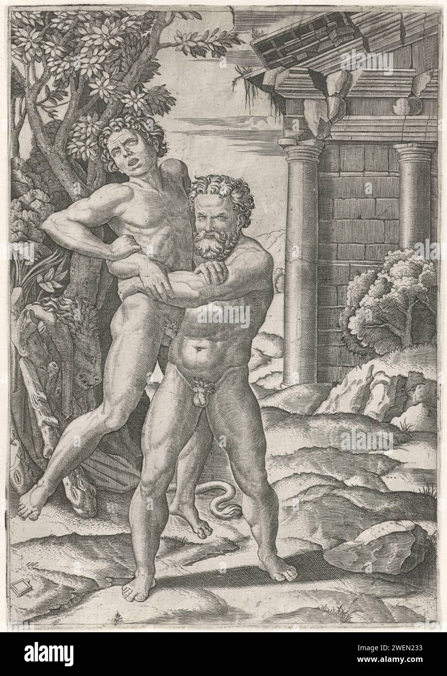 Hercules Worstelt traf Antaeus, Marcantonio Raimondi, nach Giulio Romano, 1520 - 1522 Druckpapier Gravur der Riese Antaeus wird in die Luft gehoben und von Herkules zu Tode zerquetscht Stockfoto