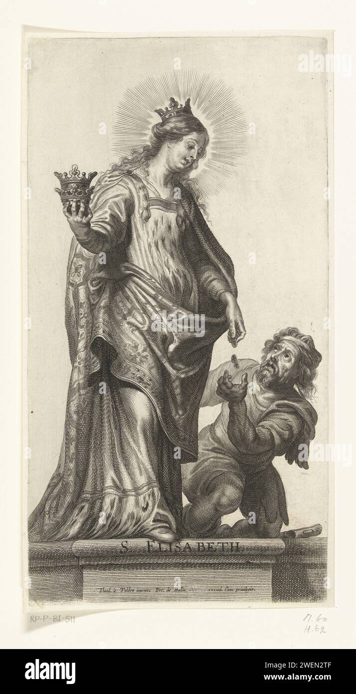 Heilige Elisabet van Ungarn mit Kronen gibt Bettlergeld, Pieter de Bailliu (I), nach Theodoor van Thulden, 1623 - 1660 Druckpapierstich St. Elisabeth gibt Almosen Stockfoto