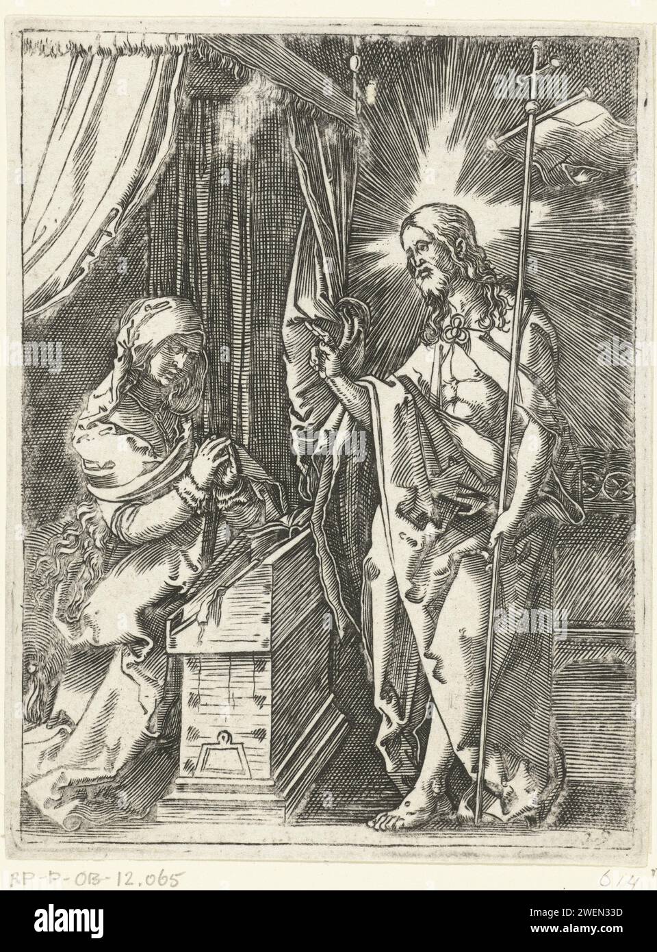 Christus erscheint Maria, Marcantonio Raimondi, nach Albrecht Dürer, 1510–1515 Druckpapier, das Christus, vielleicht als Pilger gekleidet, seiner Mutter erscheint, die gewöhnlich betend gezeigt wird Stockfoto