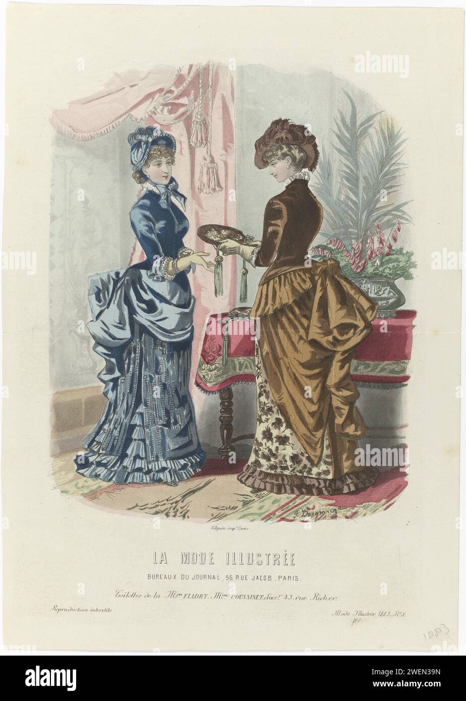 Illustrated Fashion, 1883, Nr. 8: Toilets de Mo. Fladry (...), 1883 zwei Frauen im Innenraum, gekleidet in Kleider mit Tournure. Nach der Bildunterschrift sind die Kleider von Maison Fladry, dem Nachfolger von Coussinet. Druck aus dem Modemagazin La Mode Illustrée (1860-1937). Papiergravur von Modetafeln. Kopfbedeckung: Hut (+ Damenbekleidung). Kleid, Kleid (+ Damenkleidung). Handschuhe, Fäustlinge usw. (+ Damenkleidung). Armband, Armband (+ Damenkleidung) Stockfoto