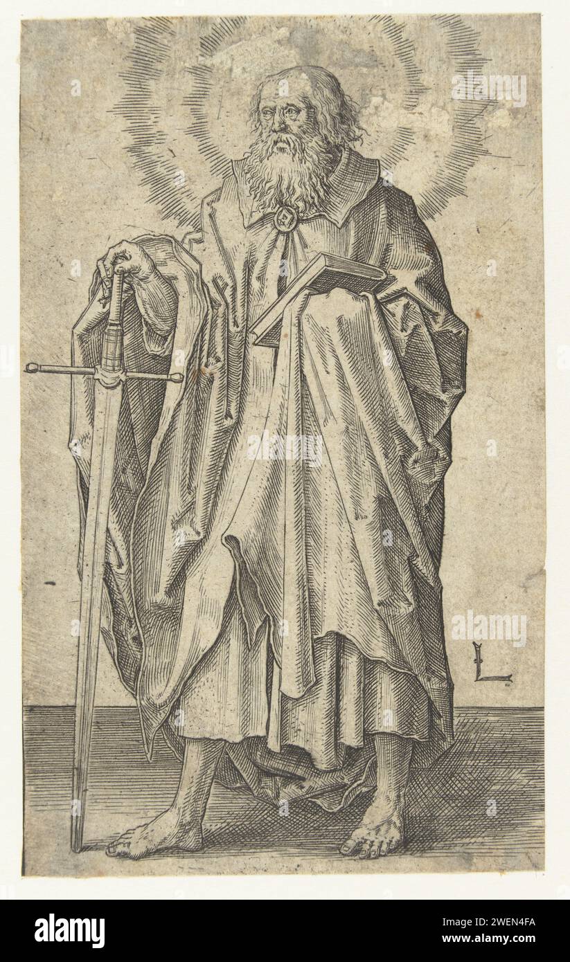 Der Apostel Paulus, Lucas van Leyden, 1508–1512 Druckpapier mit dem Stich des Apostels Paulus von Tarsus; mögliche Attribute: Buch, Schriftrolle, Schwert Stockfoto