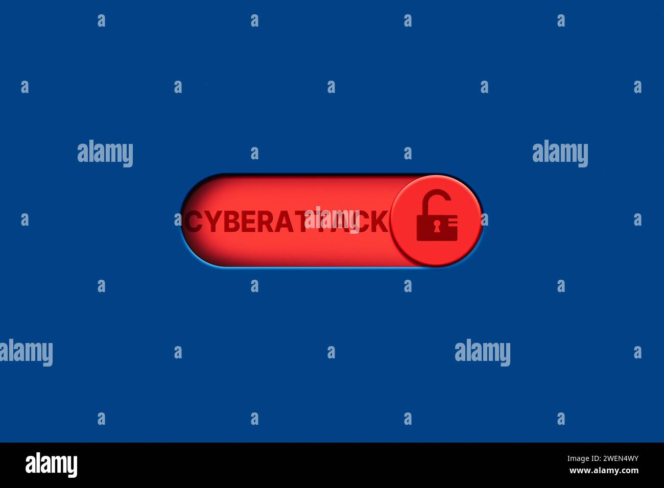 3D-Darstellung der roten Taste, die für Cyberangriffe eingeschaltet ist. Cybersicherheit und Datenschutzkonzepte zum Schutz von Daten. Internetzugriff auf persönliche Informationen. Stockfoto
