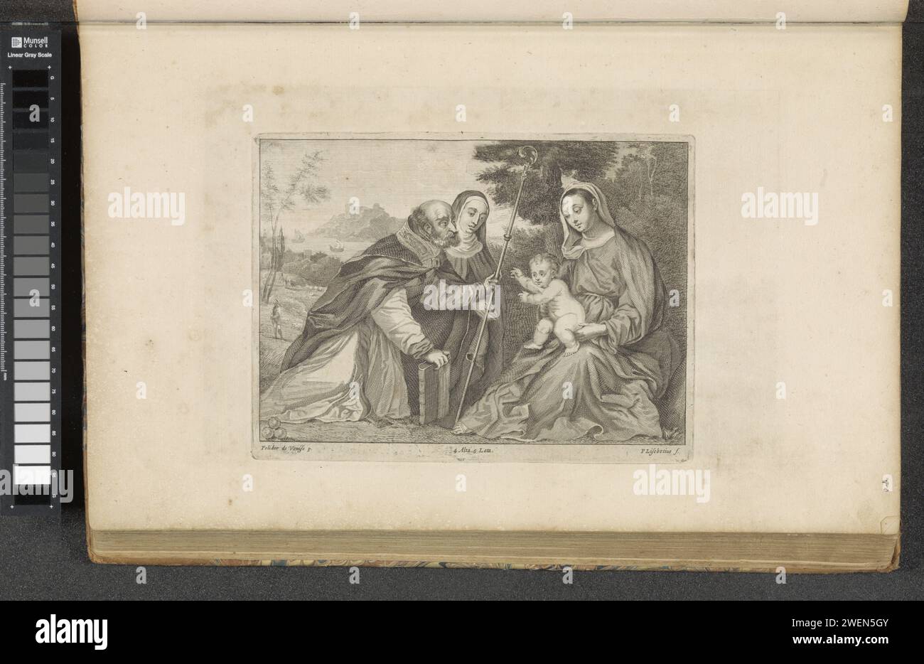 H. Nicolaas van Myra kniet für Maria und das Christkind, 1660 drucken in seinen Händen ein Buch und den Stab des Bischofs. Neben ihm kniet eine Nonne, vielleicht eine heilige. Vorne drei goldene Kugeln. Eine Landschaft im Hintergrund. Dieser Ausdruck ist Teil eines Albums. Papierätzung / Gravur Anbetung des Christuskindes  Christi Geburt (+ Maria). Der Bischof Nikolaus von Myra (oder Bari); mögliche Attribute: Anker, Boot, drei goldene Kugeln (auf einem Buch), drei Geldbörsen, drei Kinder in einer Badewanne, drei Mädchen. Nonne(n). Landschaften in der gemäßigten Zone Stockfoto