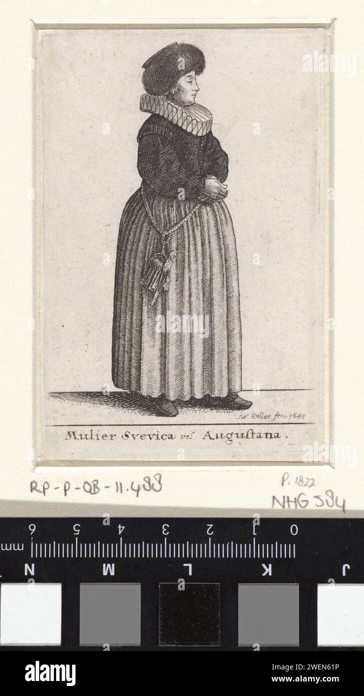 Mulier Svevica Vel Augustana, Wenzelaus Hollar, Frau aus Augsburg, Schwaben, im Profil rechts, mit einem Pelzhut mit großem, flachem Ball. Dicke, einzelne Falte. Dunkler Body mit Bragons und breiten Ärmeln auf leicht gefärbtem Rock. Auf der rechten Seite ein Haufen Schlüssel für den Riemen. Gürtel zum Ätzen, Gürtel, Bund. Kopfbedeckung: Kappe (+ Damenbekleidung). Nackenbekleidung  Kleidung (mit NAME) (+ Damenbekleidung). Taste. Kopfbedeckung: Kappe (+ Pelz für Kleidung). Zubehör ( Kleidung) Spabs Stockfoto