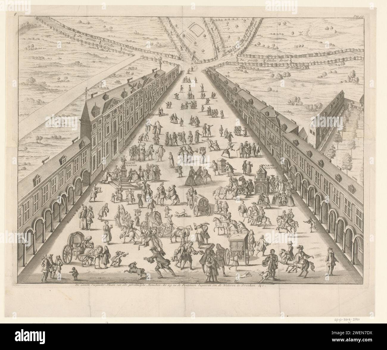 Blick auf verschiedene Brunnen und Bäder in Aachen, anonym, 1727 Druck oben rechts nummeriert: S. 93. Papier mit Blick auf die Stadt und die Landschaft mit künstlichen Bauten. Öffentliche Bäder. Zierbrunnen (im Dorf) Aken Stockfoto