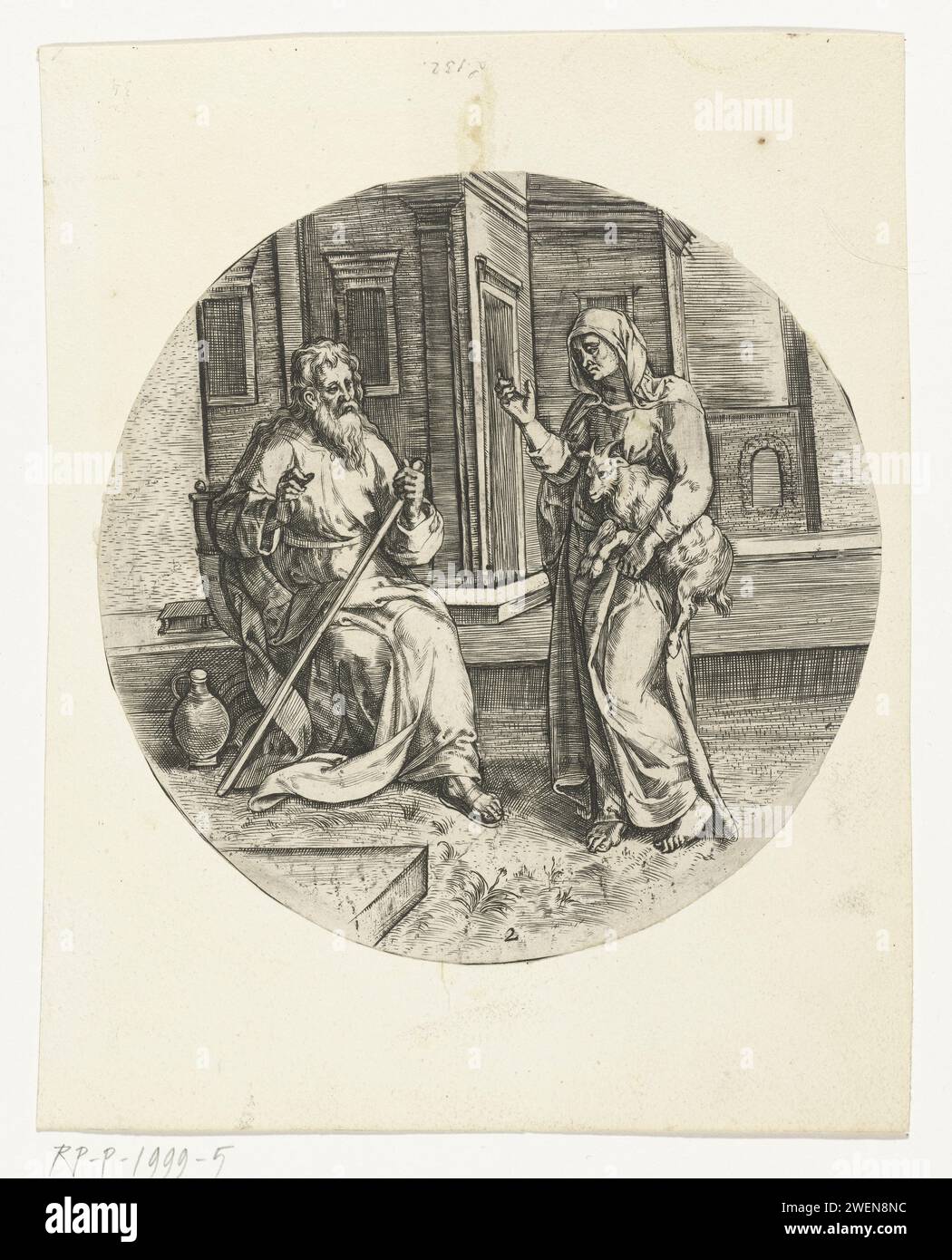 Anna bringt den blinden Tobit eine Ziege, anonym, nach Chrispijn van den Broeck, 1570–1580 Druck Anna steht mit einer Ziege unter dem Arm vor Tobit, auf einem Stuhl sitzend, in der Hand. Er glaubt, dass Anna die Ziege gestohlen hat. Papiergravur Anna bringt eine junge Ziege nach Hause: Tobit glaubt, sie hätte sie gestohlen Stockfoto