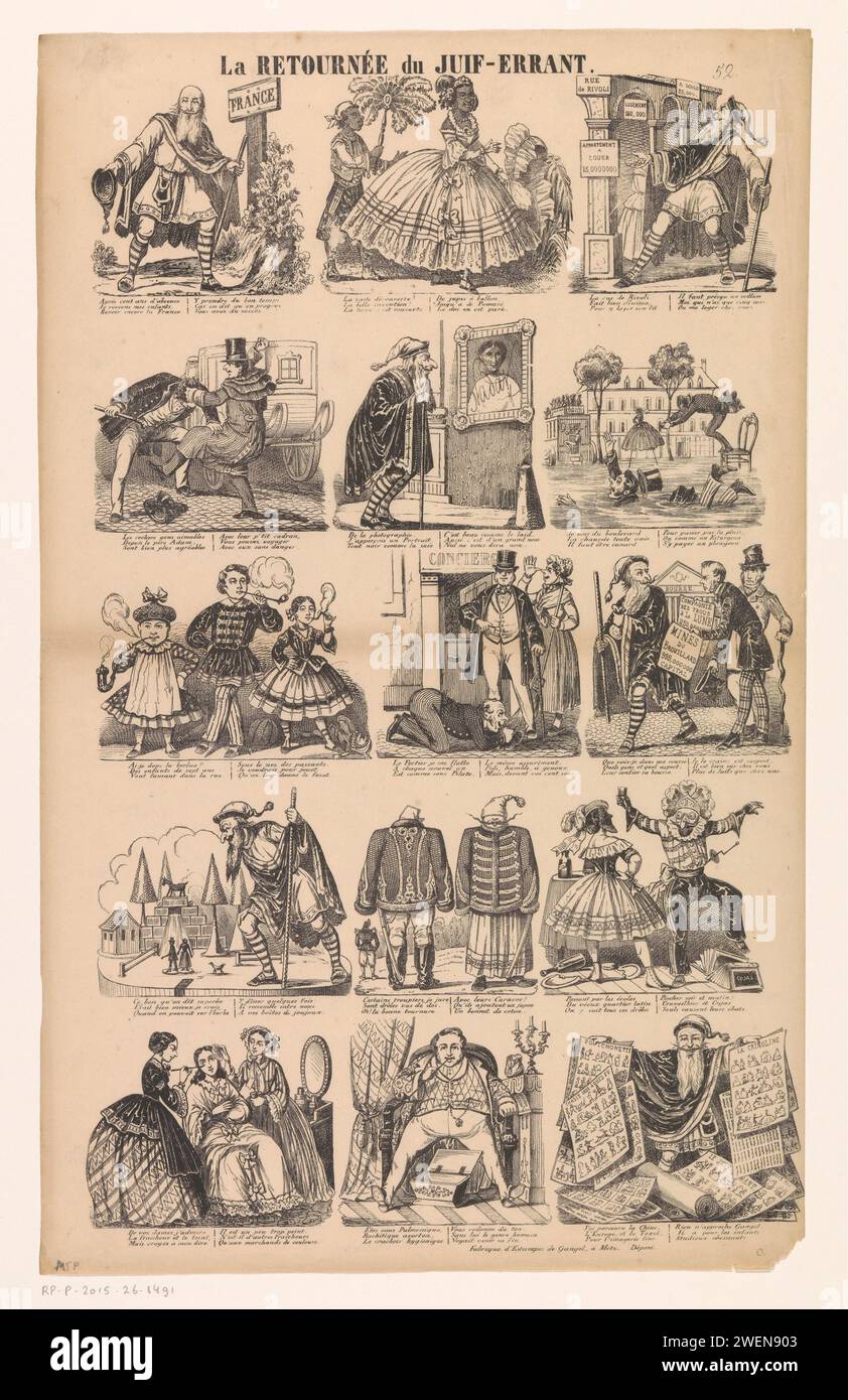 Return of the Walking Juw, Gangel, 1840 - 1868 Print 15 Szenen zeigen die Neuheiten, die der Walking Juw in Frankreich nach hundertjähriger Abwesenheit trifft. Unten sind eine schwarze Frau mit einer Seite, Wohnungen in der Rue de Rivoli, die zu Wucherpreisen angeboten werden, ein Foto von Nadar, rauchende Kinder und schattenhafte Börsenhändler. Die letzte Szene zeigt den wandelnden Juden, umgeben von Drucken von Gangel. Oben rechts nummeriert: 52. Papiere Ahasverus, der wandernde Jude. Foto. Drucken, z. B.: Gravur, Ätzen, Lithografie. Pfeife  Tobacco Paris Stockfoto