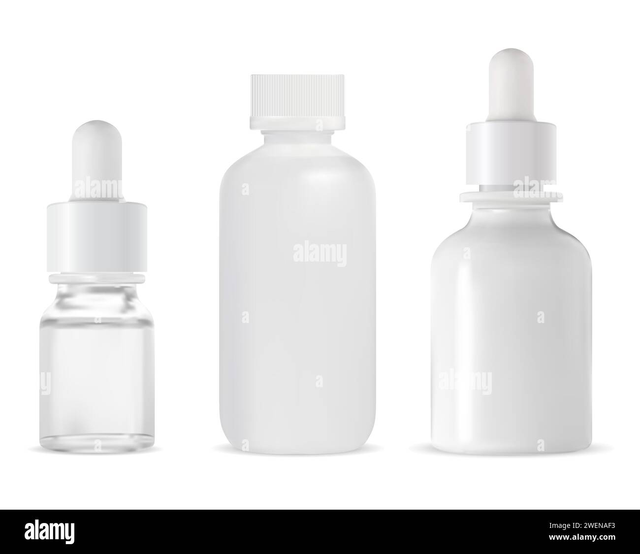 Modell der Tropfflasche. Kosmetisches Serum-Tropfglas-Behältnis. Mockup der ätherischen Ölflasche. Satz Pipettentropfenflasche für Kollagenessenz, medizinische PR Stock Vektor