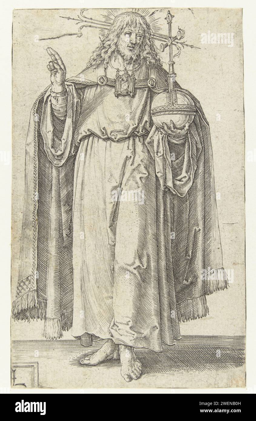 Christus als Salvator Mundi, Lucas van Leyden, 1508–1512 Druckpapier mit Gravur „Salvator Mundi“, mit einer segnenden Geste; eine Kugel in der Hand oder zu seinen Füßen Stockfoto