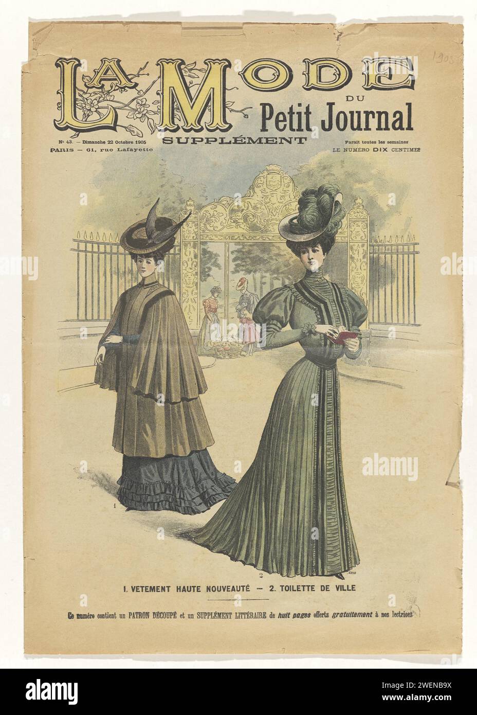 The Fashion Magazine as temptress, 1905 Cover von La Mode du Petit Journal: Supplement, Nr. 43. - Dimanche 22. Oktober 1905: 1. Vetement Haute Nouveauté. - 2. Toilette de Ville zwei Damen vor dem Zaun eines Parks (Parc du Luxembourg). Die Frau links mit einem Vogel dekoriert, rechts mit einem Hut mit Federn. La Mode du Petit Journal war die wöchentliche Modebeilage des Le Petit Journal, einer Pariser Wochenzeitung, die zwischen 1836 und 1944 erschien. Papierteller. Mantel: Mantel (+ Damenkleidung). Kleid, Kleid (ROBE DE VILLE) (+ Damenkleidung). Kleid, Kleid: Tageskleid ( Stockfoto