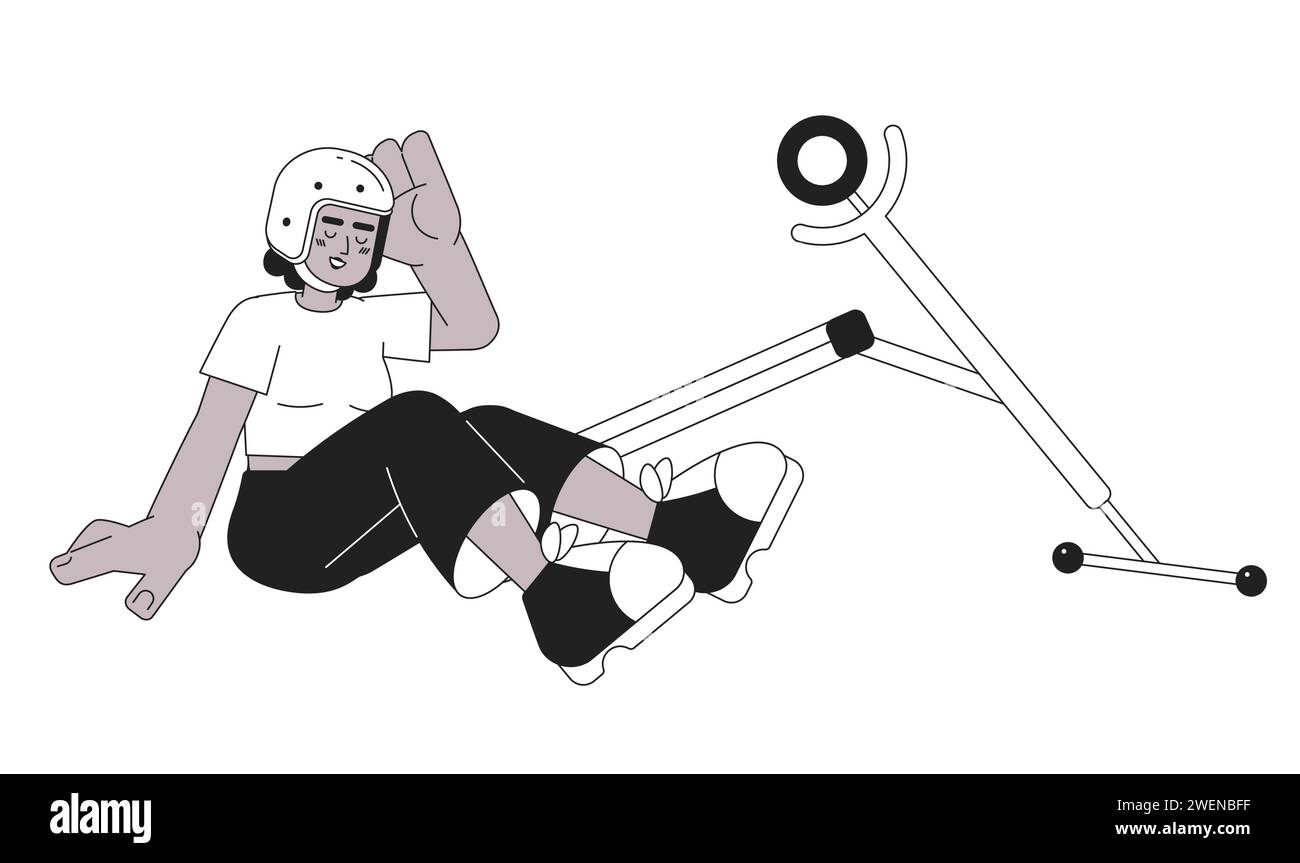 Falling von Roller lachende Frau schwarz-weiße Zeichentrickfigur flache Illustration Stock Vektor