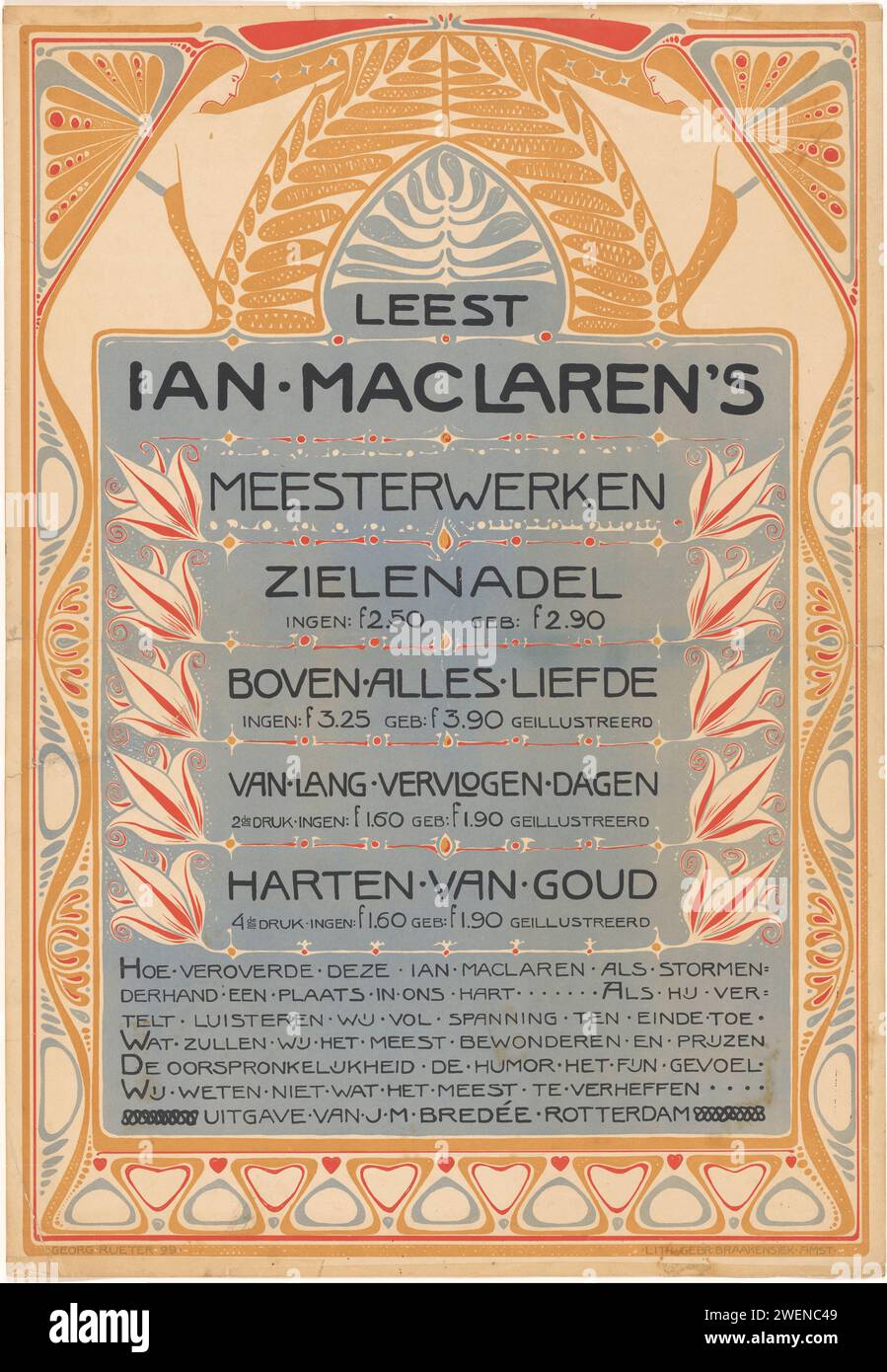 Position für Werke von Ian MacLaren herausgegeben von J.M. Bredée in Rotterdam, Georg Rueter, 1899 Print. Poster Zierrahmen mit zwei stilvollen Frauen oben. Papier Stockfoto